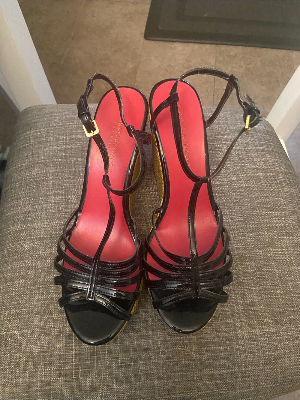 Christian Siriano Black Strappy High Heel Sandals with Red Insoles